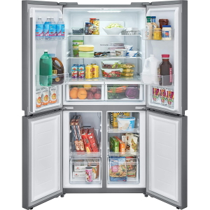 a refrigerator with food and drink items